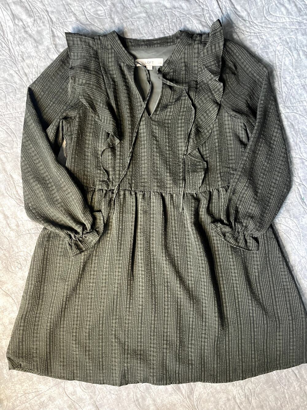 LOFT Green Textured Plaid Tiered Dress Small Petite SP Lined Cottagecore Swing